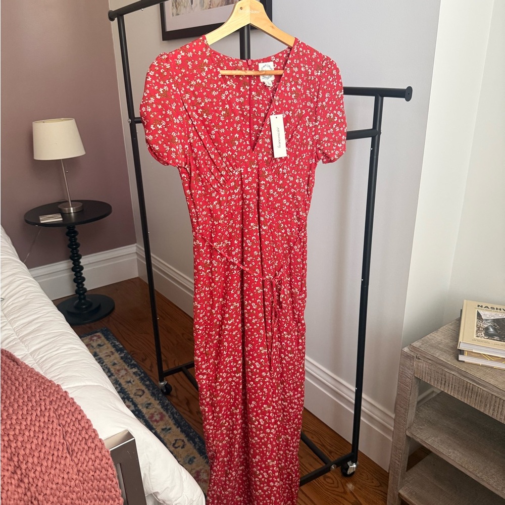Blue Rain Red Floral Dress with White Blossoms